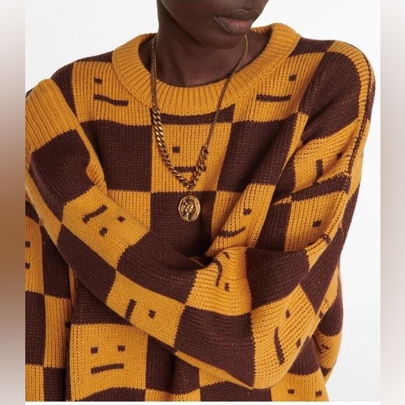 🍁☃️ACNE STUDIOS Women's Face Jacquard Wool Sweater Ochre Orange Coffee Brown - Picture 10 of 14